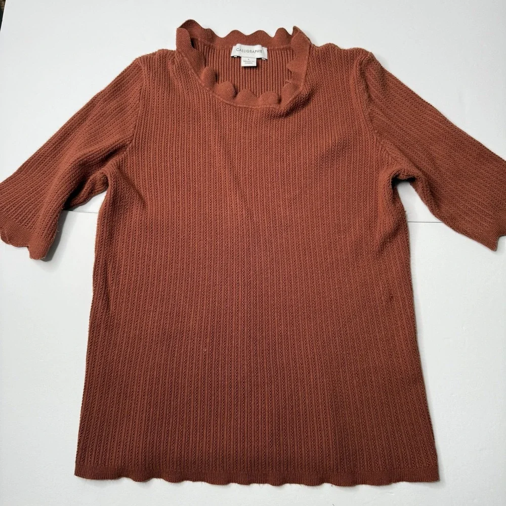 Calligraphie Sweater Womens Large Scalloped Hem Knit Pullover Soft Casual Top